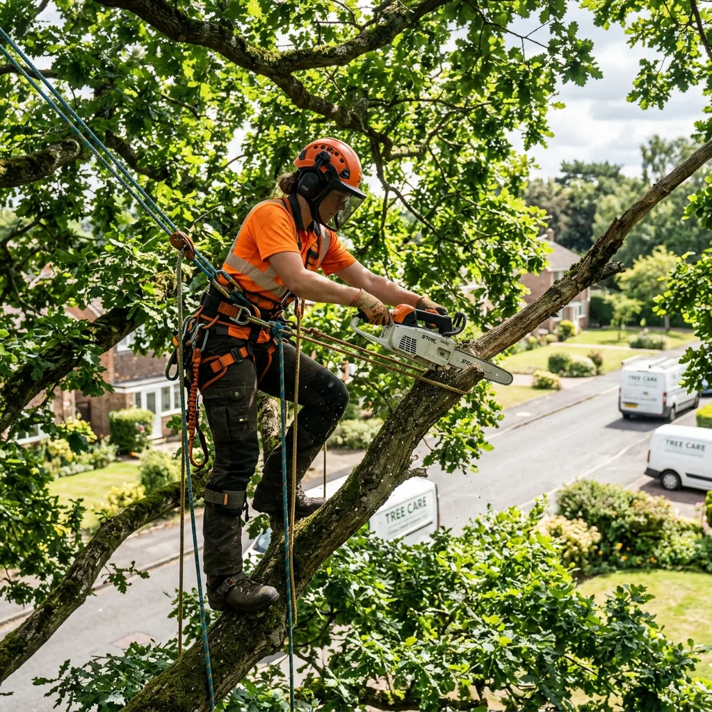 Arborist pruning a healthy tree canopy